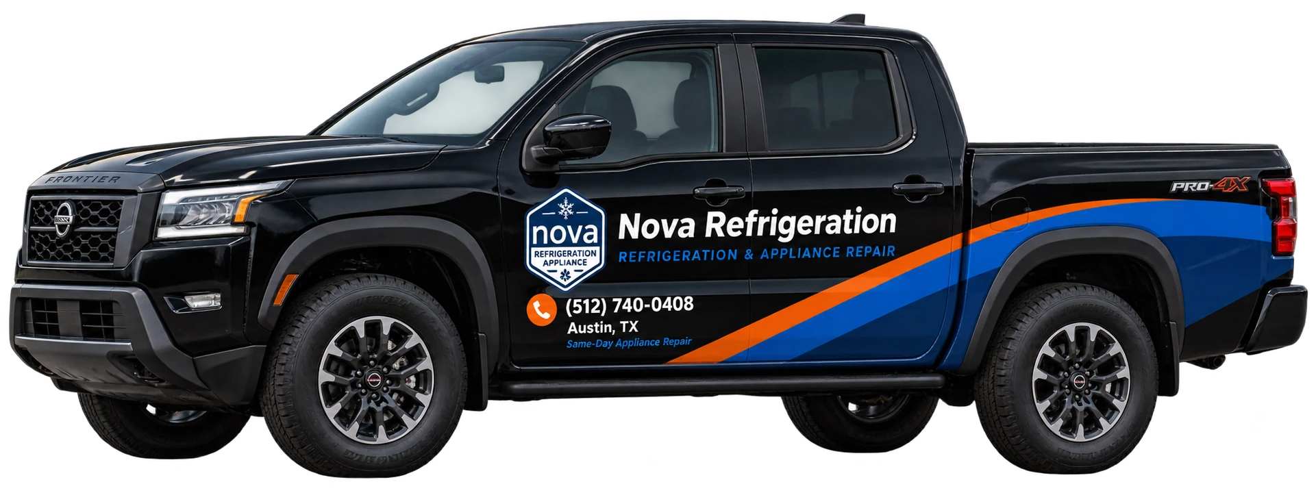 Black Nova-branded Nissan Frontier pickup facing left
