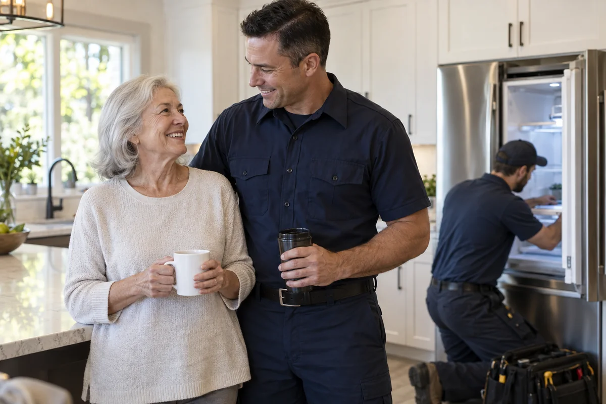 Older homeowner and first responder with an appliance technician at home