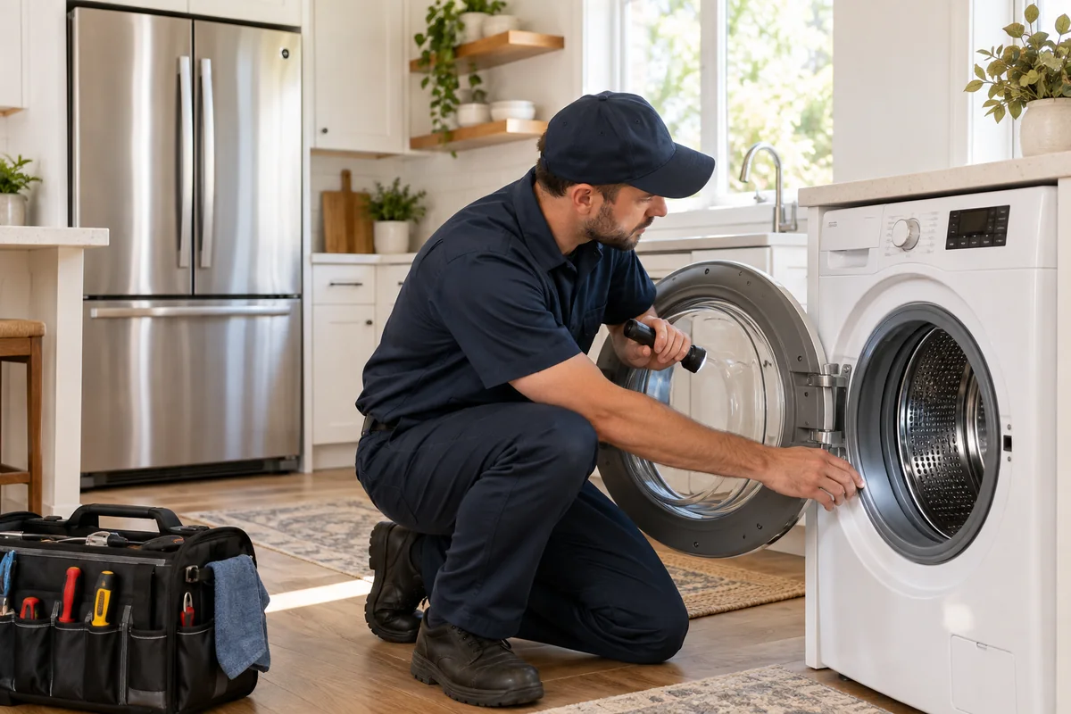 Technician inspecting a washer with a refrigerator in the same home